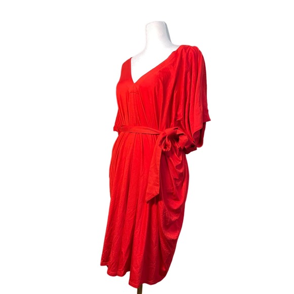 Trina Turk Maxi Caftan Dress V-Neck Short Sleeves Bright Red Orange Womens Sz 10 - Picture 3 of 8